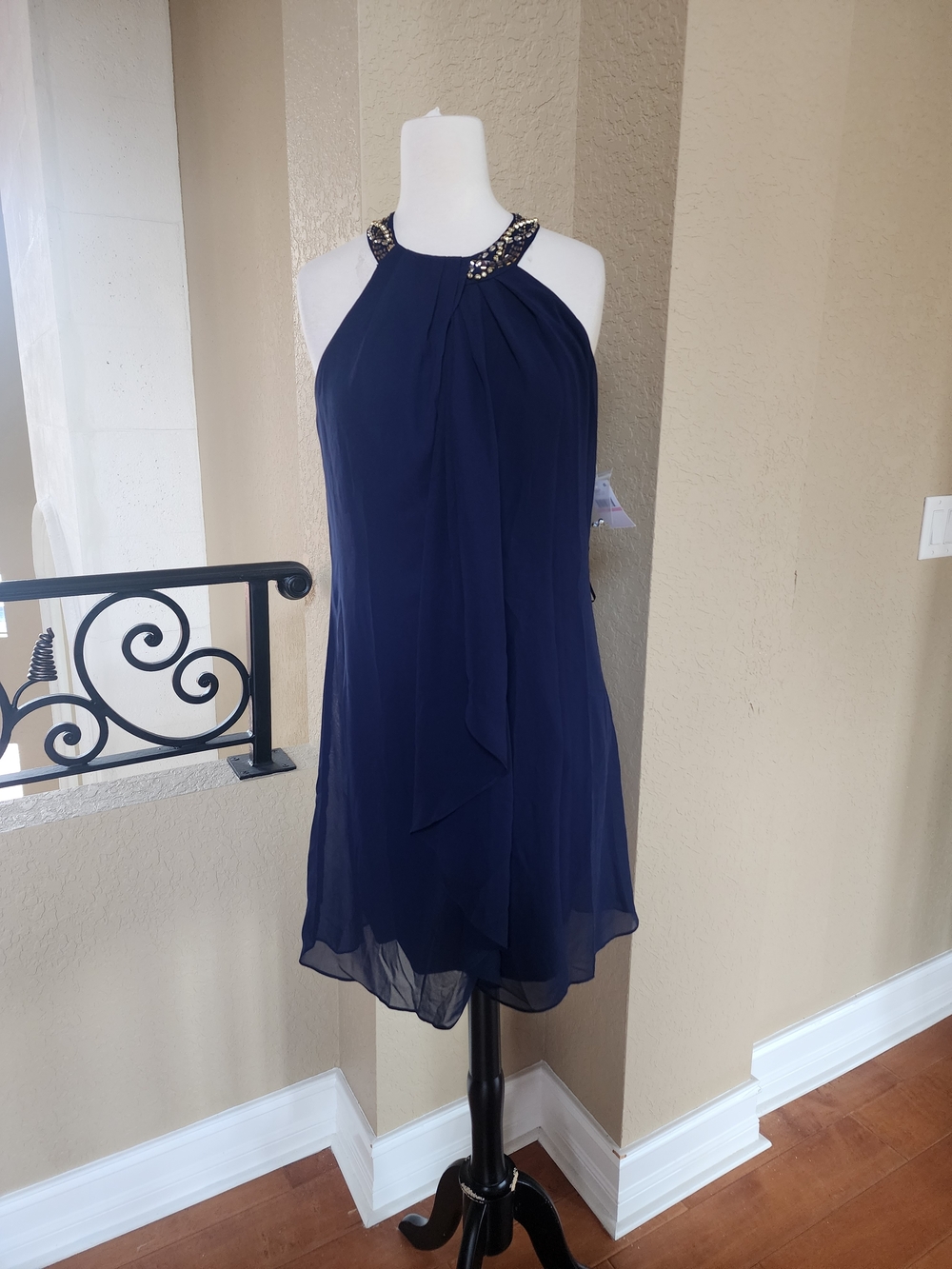 SLNY Navy Halter Mini Dress with Embellished Collar